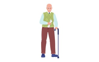 Senior man with cane and newspaper semi flat color vector character