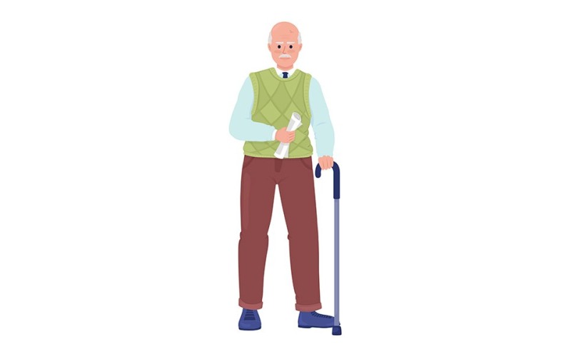 Senior man with cane and newspaper semi flat color vector character Illustration