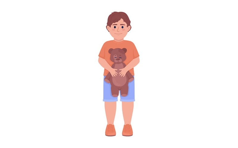 Smiling boy with teddy bear semi flat color vector character Illustration