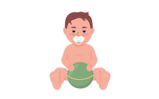 Tired baby boy with pacifier and ball semi flat color vector character