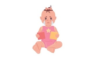 Crying baby girl with construction blocks semi flat color vector character