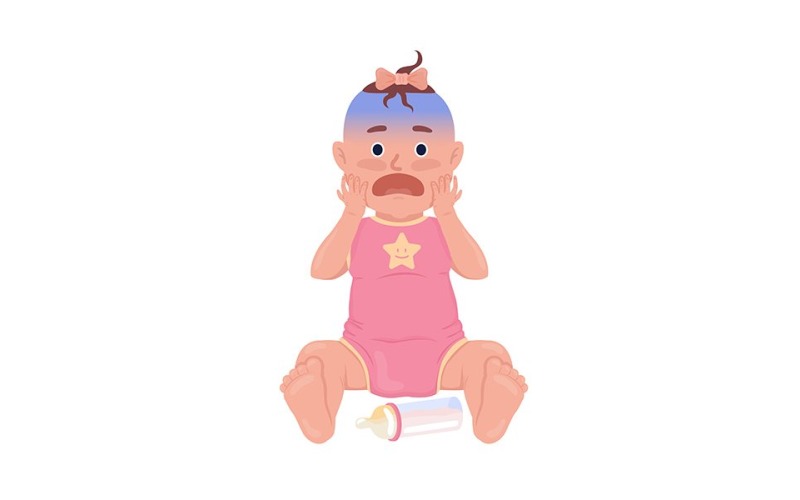 Scared baby girl with bottle semi flat color vector character Illustration