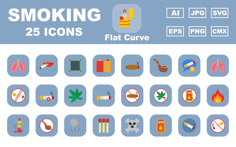 25 Premium Smoking Flat Curve Icon Pack Icon Set