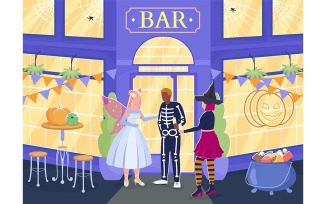 Halloween party at night bar flat color vector illustration