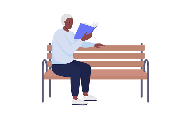 Elderly man with book relaxing on bench semi flat color vector character Illustration