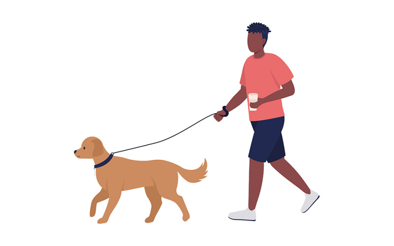 Man walking dog on street semi flat color vector characters Illustration