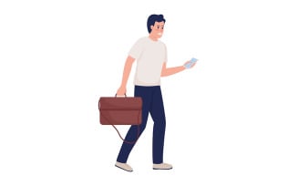 Smiling man with leather handbag and smartphone semi flat color vector character