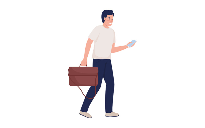 Smiling man with leather handbag and smartphone semi flat color vector character Illustration