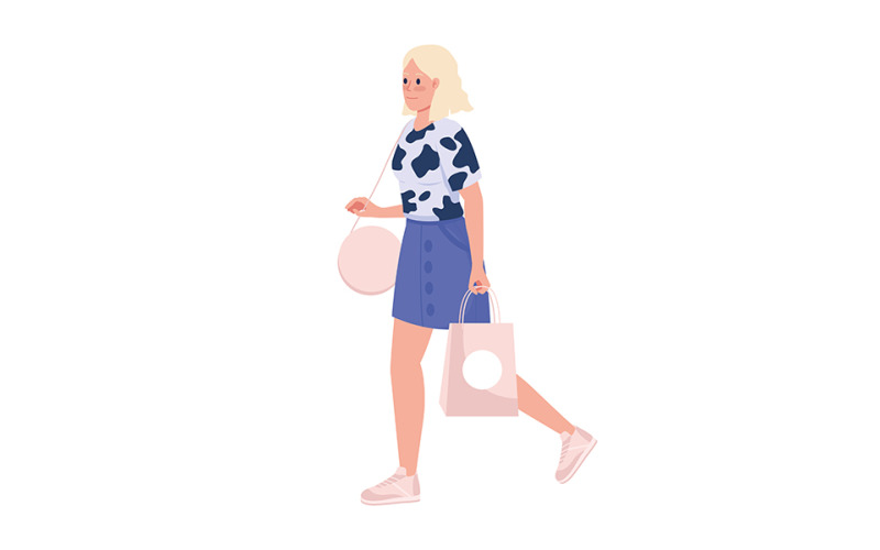 Stylish blonde lady with pink shopping bag semi flat color vector character Illustration