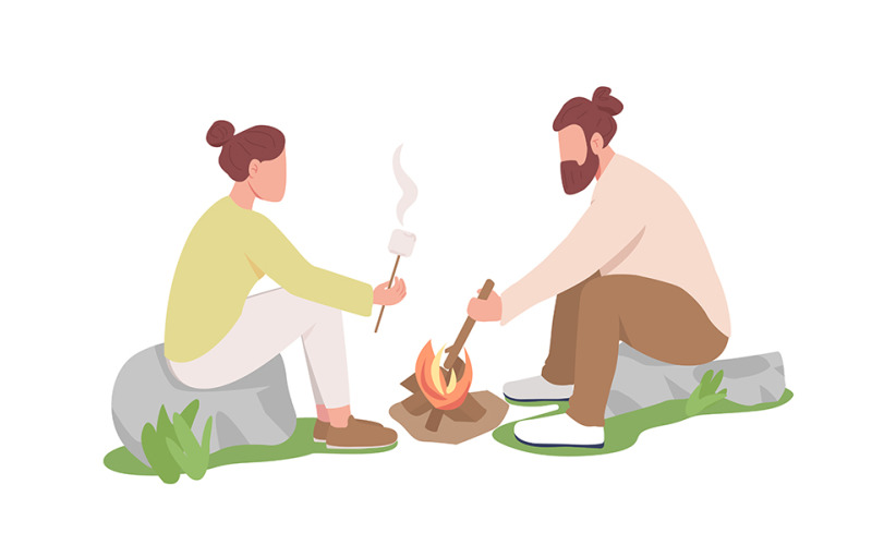 Couple roasting marshmallows on sticks semi flat color vector characters Illustration
