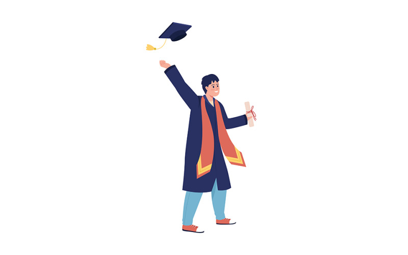 Happy school graduate semi flat color vector character Illustration