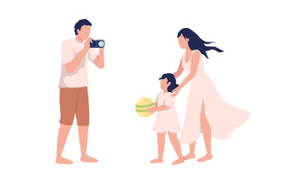 Man taking picture of daughter and wife semi flat color vector characters