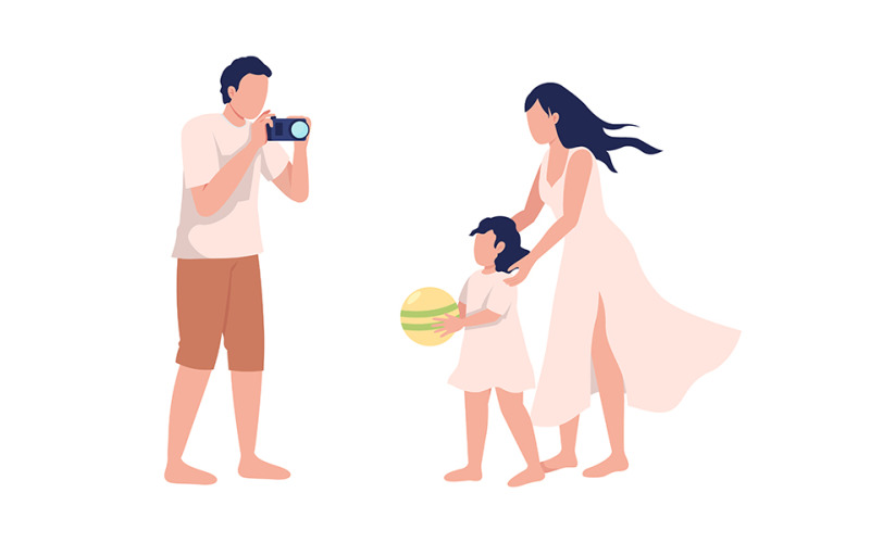 Man taking picture of daughter and wife semi flat color vector characters Illustration