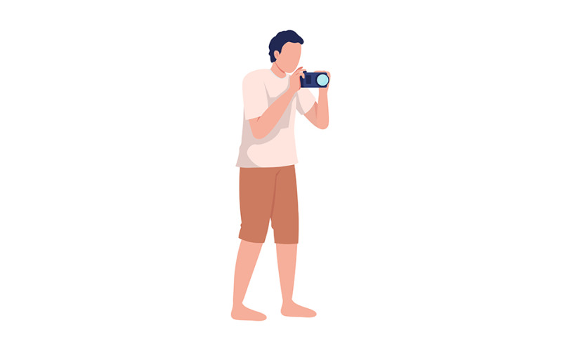 Man wearing summer outfit with camera semi flat color vector character Illustration