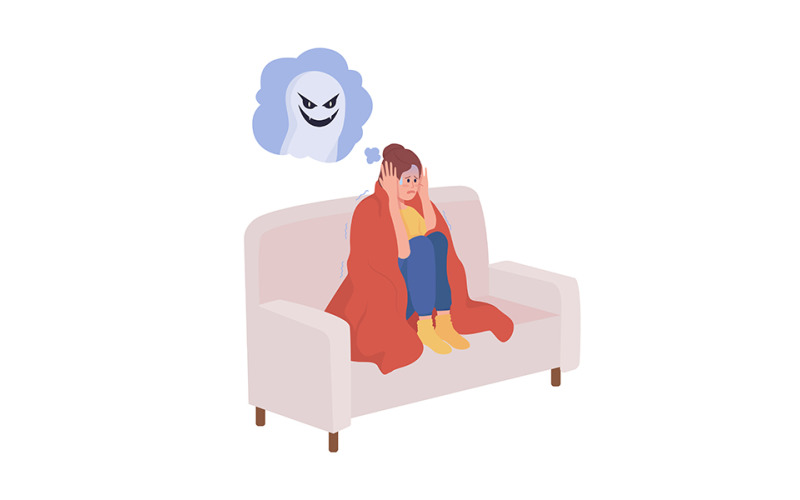 Watching horror movie semi flat color vector character Illustration