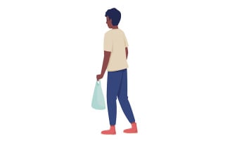 Young man in casual outfit with plastic bag semi flat color vector character