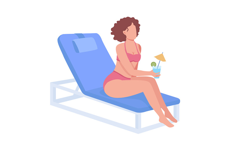 Young woman in swimsuit with cocktail semi flat color vector character Illustration