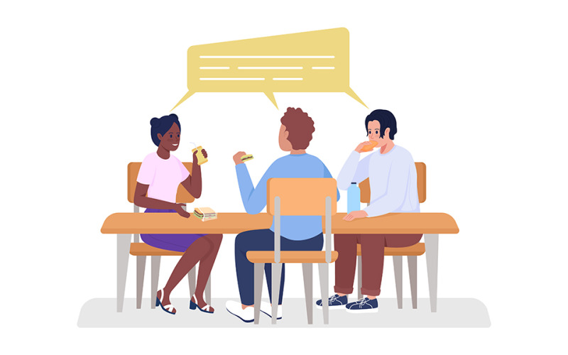 College students meeting on break semi flat color vector characters Illustration