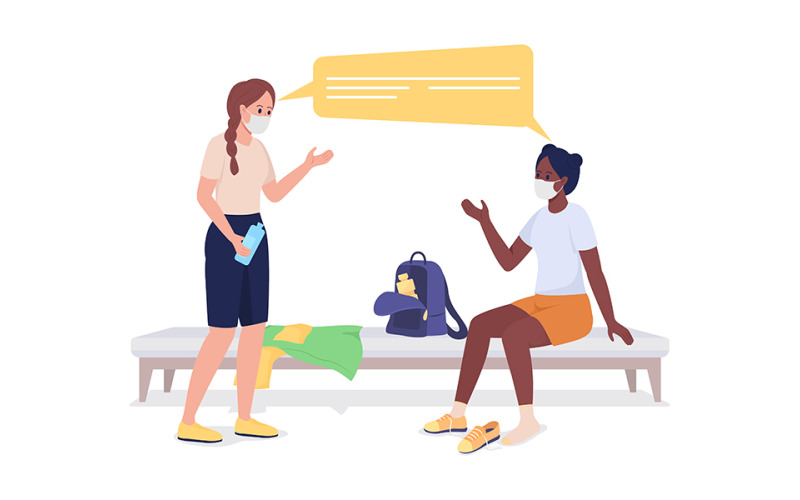 Girls talking before gym class semi flat color vector characters Illustration