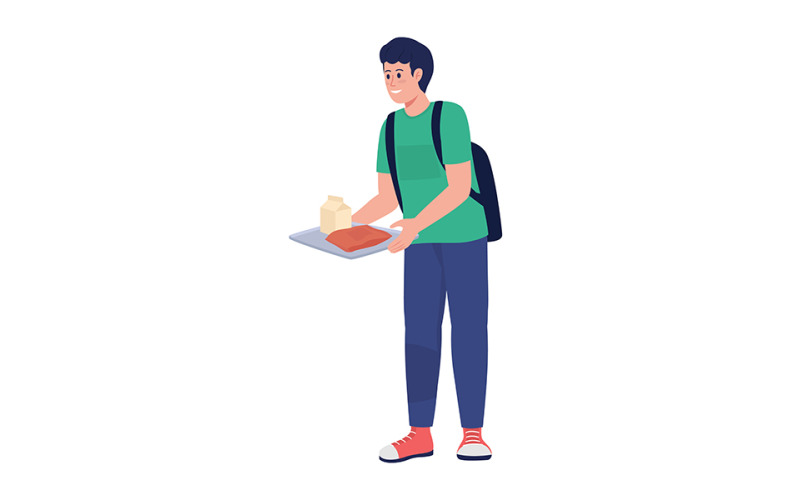 Pupil with lunch on tray semi flat color vector character Illustration