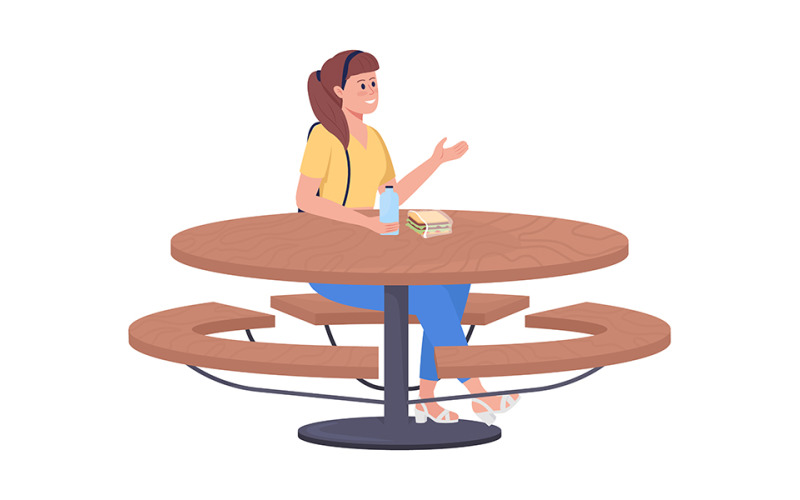 School girl sitting at table semi flat color vector character Illustration