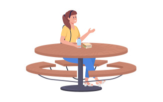 School girl sitting at table semi flat color vector character