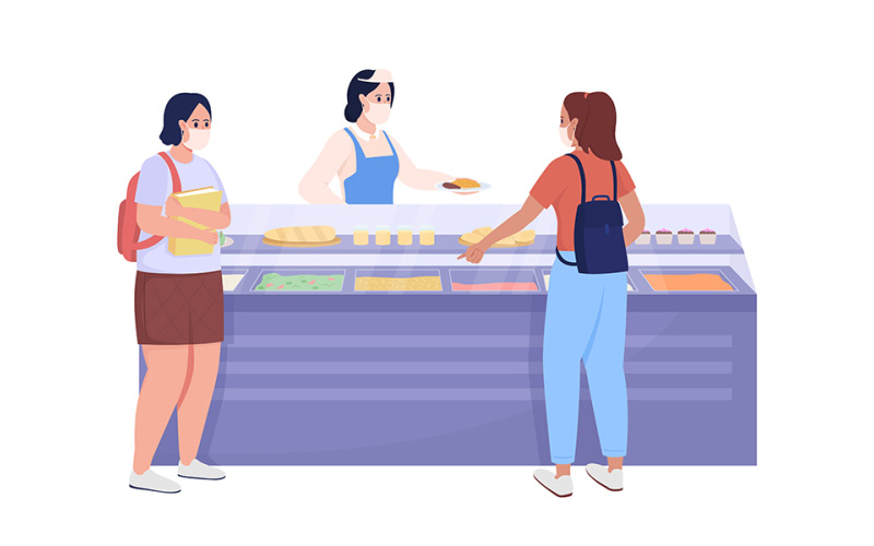 Students buy food in school semi flat color vector characters Illustration