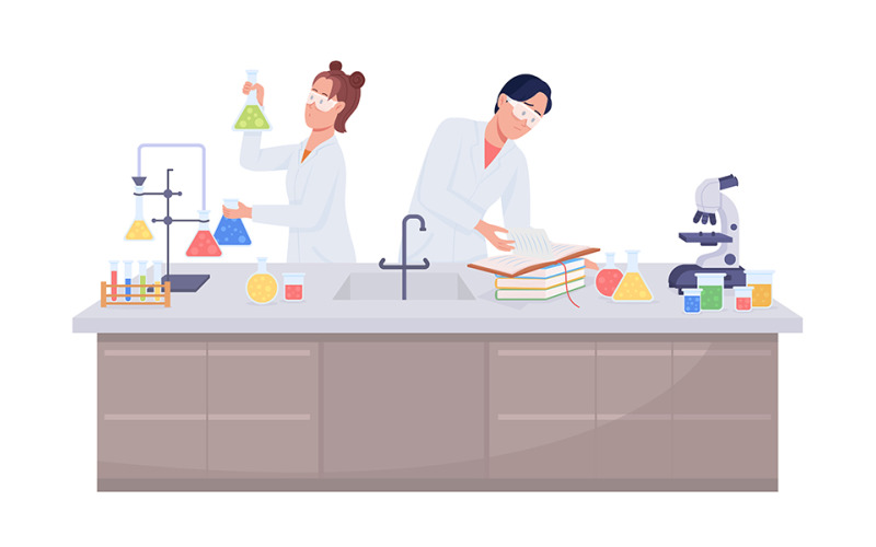 Students doing chemical experiment semi flat color vector characters Illustration