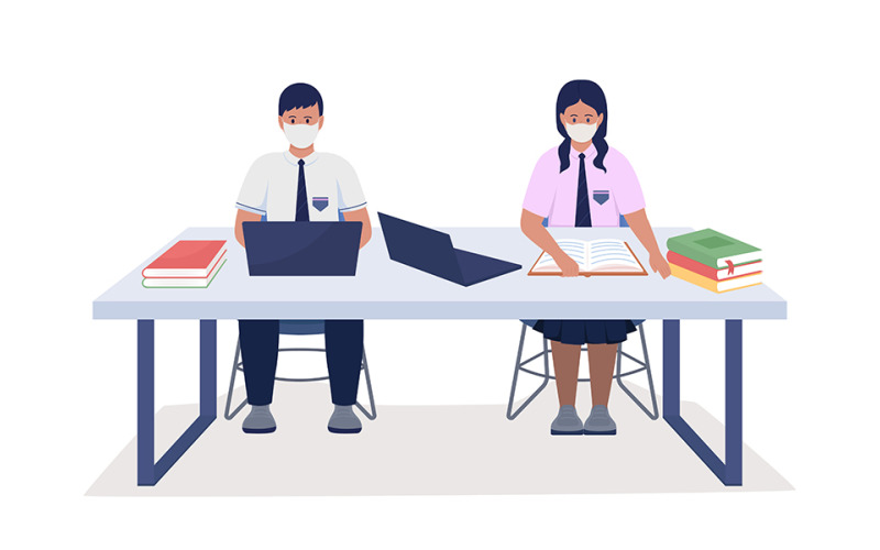 Students in uniform studying semi flat color vector characters Illustration