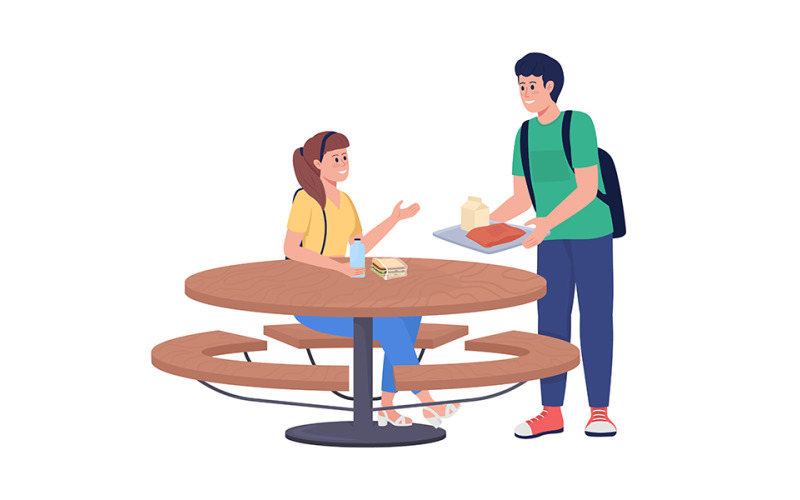 Students meeting for lunch semi flat color vector characters Illustration