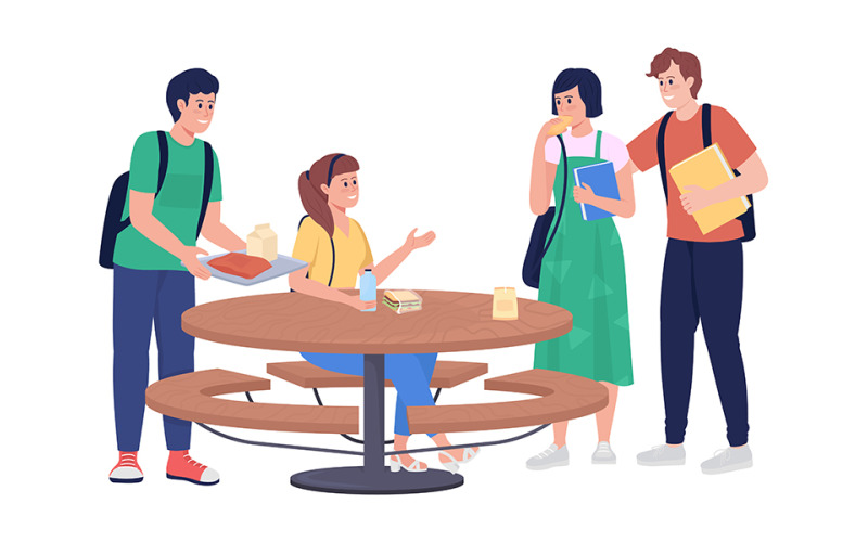 Students on outdoor lunch semi flat color vector characters Illustration