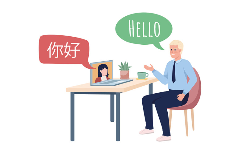 Videoconference interpreter with chinese partner semi flat color vector characters Illustration