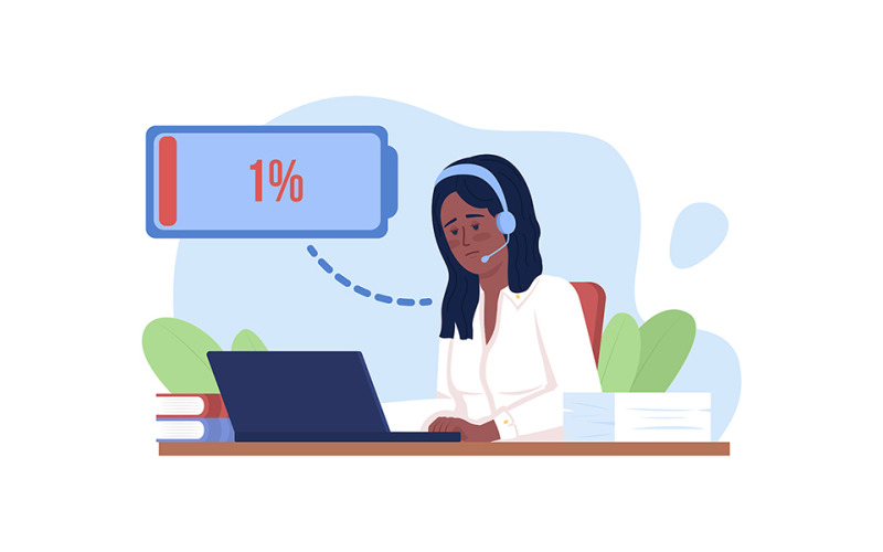 Call center operator with burnout 2D vector isolated illustration Illustration