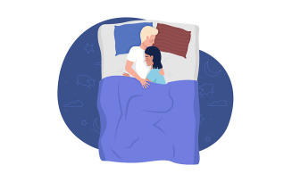 Hugging man and woman sleeping in bed 2D vector isolated illustration