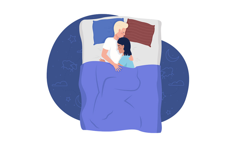 Hugging man and woman sleeping in bed 2D vector isolated illustration Illustration