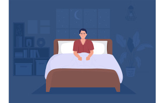 Man suffering from insomnia in bedroom flat color vector illustration