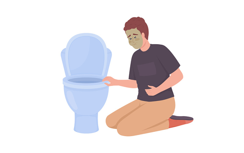 Man with nausea near toilet bowl semi flat color vector character Illustration