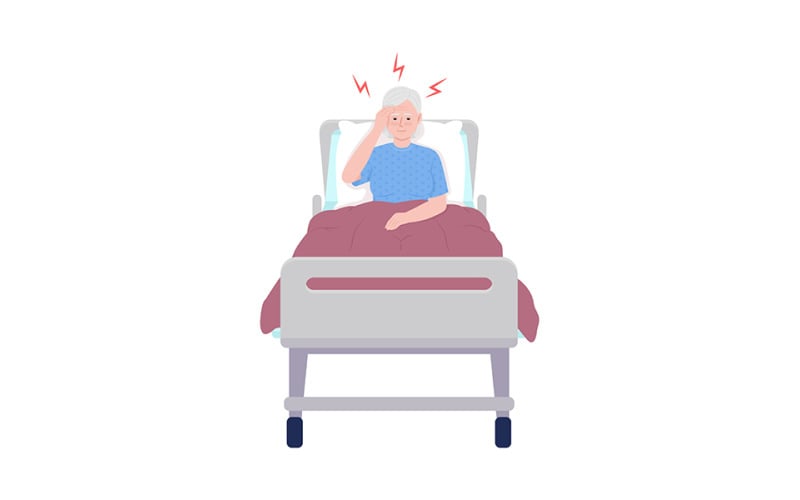 Old woman suffering from headache in hospital semi flat color vector character Illustration