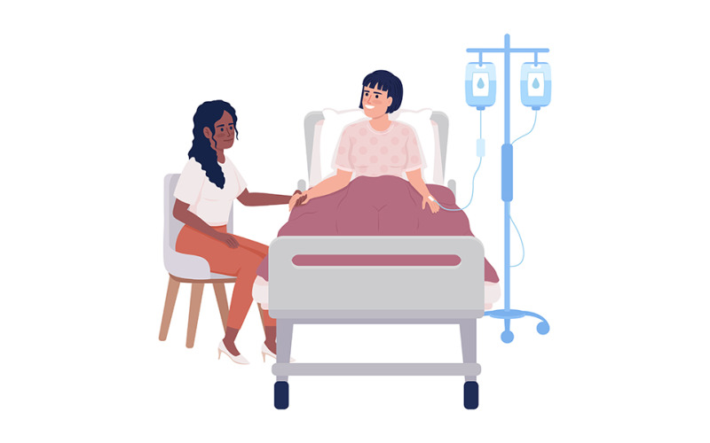 Woman visiting ill friend at hospital semi flat color vector characters Illustration