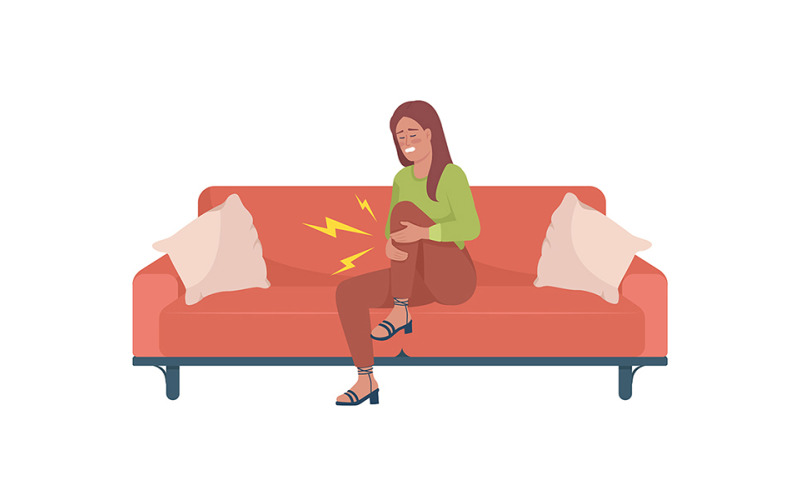 Woman with injured knee semi flat color vector character Illustration