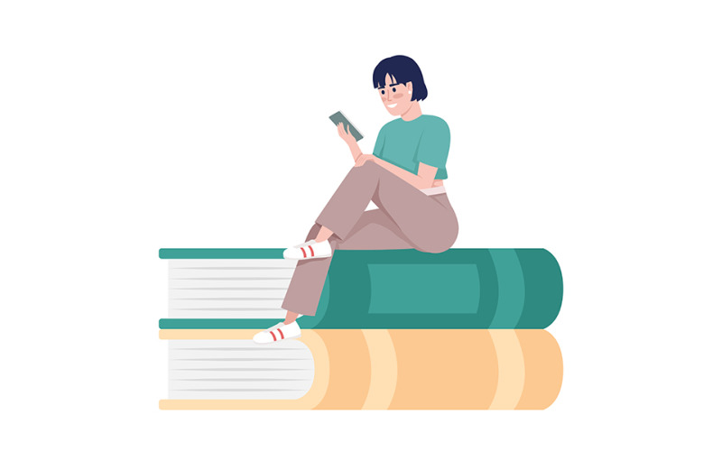 Woman with mobile phone sitting on books semi flat color vector character Illustration