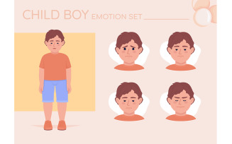 Ashamed little boy semi flat color character emotions set