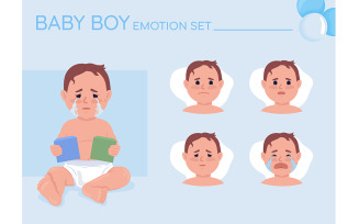Crying baby boy semi flat color character emotions set