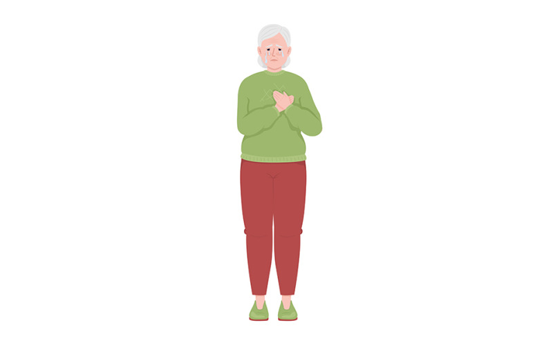 Crying old woman holding hand on heart semi flat color vector character Illustration