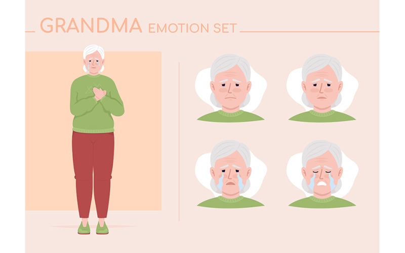 Crying senior woman semi flat color character emotions set Illustration