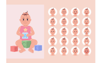 Emotional conditions of baby girl semi flat color character emotions set