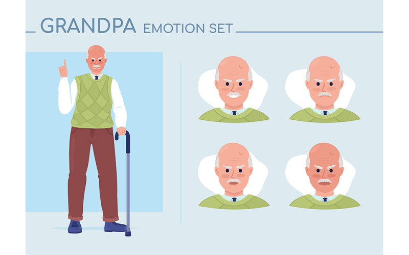 Furious old man semi flat color character emotions set Illustration