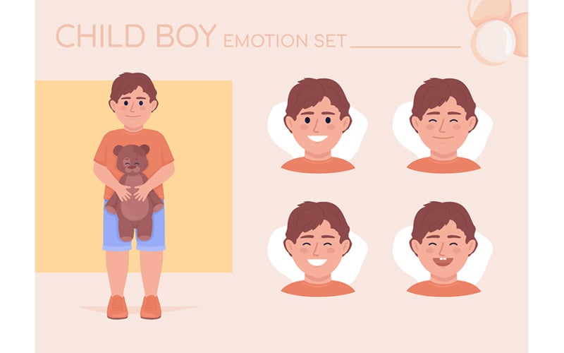 Happy little boy semi flat color character emotions set Illustration