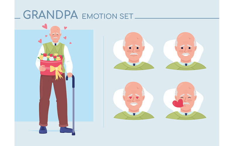 Old man falling in love semi flat color character emotions set Illustration