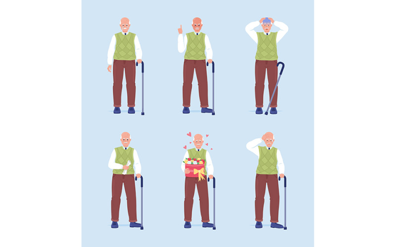 Senior men feelings expression semi flat color vector characters set Illustration
